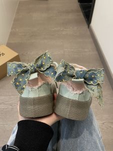 KAKA Original Butterfly Knot Green Canvas Shoes Womens Thick Bottom Slip-On Breathable Summer Shoes Fashionable College Style