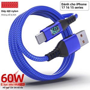 Cáp Sạc Nhanh USB A Sang Type C Bện Nylon 1M/2M/3M Có Màn Hình LED Hỗ Trợ Sạc Tối Đa 3A Cho iPhone 15/16 iPad MacBook