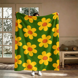 Yellow Daisies Green Flannel Blanket Perfect for Sofa Office Bed Travel Sleep Read Relax Camping Four Season Use