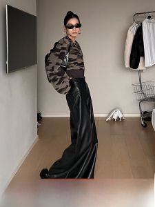 CIZZLEMORE ผู้หญิง PU หนัง กางเกง สูง เอว พรางหุ่น งานเย็บปะติดปะต่อขาตรง ลำลอง ขากว้าง กางเกง ฤดูใบไม้ร่วง ฤดูหนาว แฟชั่น