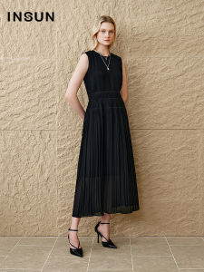 Insun Summer 2025 Hepburn Style Long Sleeveless Dress Pleated A-Line Simple Commute Waist-Cinched Polyester Fiber round Neck