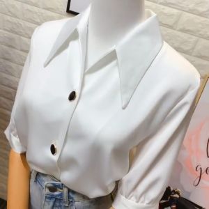 Korean Style Silk Satin Mid-sleeve Blouse For Women Plus Size Chiffon Lapel Loose Top