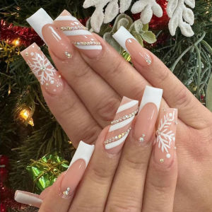 24pcs French Long Coffin Christmas Fake Nails with 3D Rhinestones Press On Nails Snowflakes Stripe Design Xmas False Nails Tips