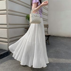 กระโปรงจีบเอวสูงผ้าชีฟองตาข่ายสำหรับผู้หญิง ฤดูร้อน 2025 กระโปรงทรงแอลเอวสูงทรงเอเอวสูงกระโปรงยาวคลุมเข่า
