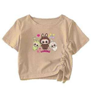 Atasan Kaos Anak Perempuan Lengan Pendek CroptopTali Serut Kerut Samping Sablon Dtf Labubu Import