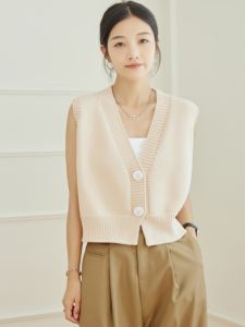 เสื้อกั๊กถักคอวีแขนกุดผ้าฝ้ายแท้ Dongrunlian เสื้อคลุมกันหนาวแบบหนาสำหรับผู้หญิงในฤดูใบไม้ผลิและฤดูใบไม้ร่วง