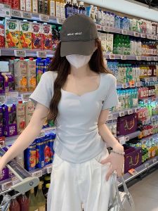 plus Size Shoulder Length Short Sleeve T-Shirt Womens Summer Design Slimming White Top for Plump MM Meat Concealing