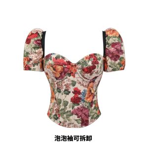 Vintage Floral Print Boned Corset For Women Detachable Sleeves Gothic Bustier Elegant Top