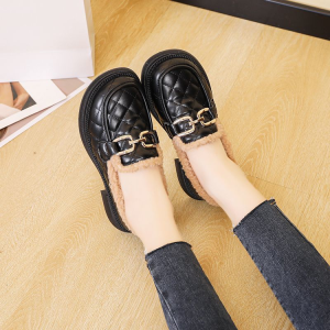 Giày Lười Da Thật Cho Nữ Mùa Thu Đông Có Lông Cừu Đế Mềm Chống Trượt Đế Bằng Mũi Tròn Giày Lười Đế Bằng Đế Cao Su