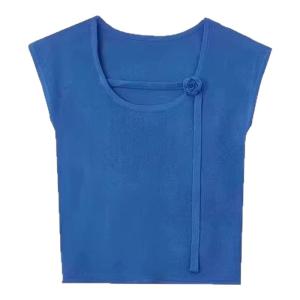 XIAOQIAOJIA | French Blue Floral Tie Short Sleeve Womens T-shirt Summer Slim Fit Compact Beautiful Short Top Korean Style Round Neck Pure Color