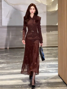 Elegant Sequin Waist-Cinching Dress Formal Occasion High Waist A-Line Korean Style Commute Dress for Ladies Autumn Winter