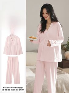 MiiOW | Bộ đồ ngủ cotton nguyên chất cho bà bầu và sau sinh MiiOW có đệm ngực Quần dài tay dài Bộ đồ mặc nhà thoải mái cho phụ nữ trẻ mùa thu