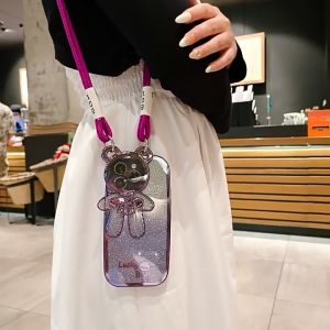 Premium Bumper Cute Glitter Bear Flip Lens Lanyard Phone Case for IPhone 11 12 13 14 15 Pro Max Strap Casing 7+ 8 Plus Xs Max Xr Soft Silicone Shockproof Cover