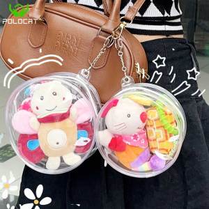 Polocat 12/14cm Simple Round PVC Transparent Plush Doll Storage Bag with Keychain Portable Hangable Cosmetic Charger Sundries Organizer Pouch