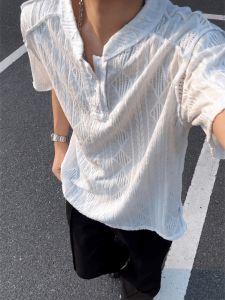 LIUBU | Áo Thun Cổ Henley Vintage Phong Cách Mỏng Lỏng Tay Ngắn
