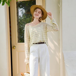 XIANGYING | Loose Lazy Style Long Sleeve Blue Stripe Vacation Blouse