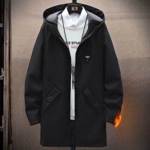 ROMON | Lormen Mens Windbreaker Spring Autumn New Style Mid-Length Hooded Windproof Jacket Handsome Casual Sports Coat Polyester Fiber