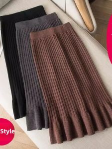 New plus Size Knitted Long Fish Tail Skirt High Waist Womens Fashion Autumn Winter Half Body Skirts Trendy Style Wool Blend