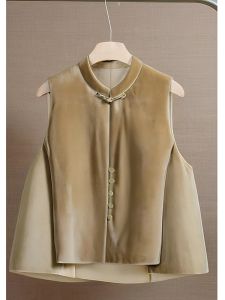 Early Spring New Style Brown Velvet Button up Top Small Audience Chinese National Style Vest Womens plus Size Fashion