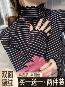 เสื้อเชิ้ตคอปกสูงครึ่งตัว แขนยาว ผ้าขนแกะ ทรงสลิมฟิต สำหรับผู้หญิง ฤดูใบไม้ร่วง/ฤดูหนาว เสื้อชั้นใน แขนยาว ปกโปโล ลายทาง อบอุ่น