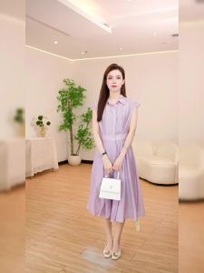 POEMLADY | Lycell Purple Shirt-collar Commuter Waist-cinching Long Dress