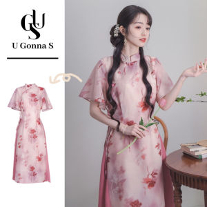 Long Dress Cheongsam 2024 for Women Short Flare Sleeve A-line Elegant Traditional Clothing for Temple Casual Daily Occasions School Uniform Pink Long Gown Stretchable