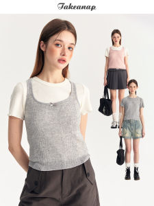 Takeanap Summer Short Sleeve Knitted T-Shirt Womens Sweet Style Cotton Blend Vest Set Butterfly Knot Layering Sleepwear