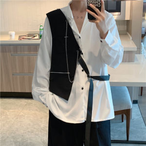 Unique Design Vest Patchwork Contrast Color Thin Long Sleeves Necklace Shirt Mens High Street Outerwear Top Ins Shirt