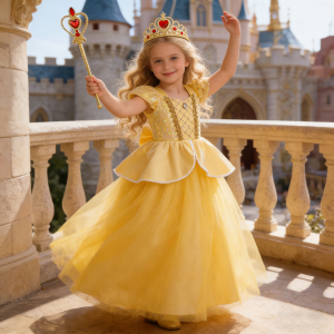 2026 Kids Belle Elegant Costume Girls Princess Birthday Cosplay Party Yellow Mesh Dress Children Carnival Luxury Ball Gown