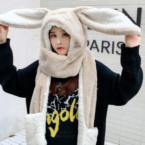 New Fashion Womens Hat with Earflaps for Girl Scarf Cap Glove 3 Piece Winter Warm Balaclava with Ears Thickening Pocket Hooded