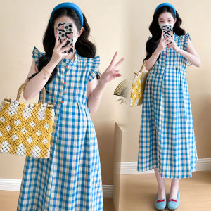 Pregnant Womens Summer Dress Korean Style Check Flower Pattern