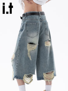 izzue | Quần Short Jean Đùi Dài Phong Cách Đường Phố Bị Mòn
