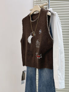 QINGNAER | Cartoon Embroidery Retro Design Knitted Vest