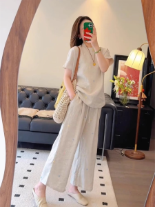 Shalldoer | New Chinese Style Set Womens Summer Apricot Button Short Sleeve Casual Long Pants Two Piece Set Round Neck Other 100% Material