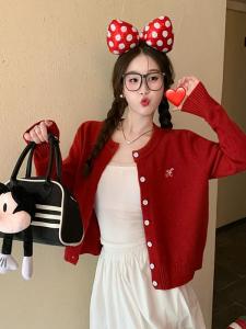 New Year Red Knitted Open Cardigan Womens Outerwear Autumn Winter Spring New Style Embroidered Sweater Slim Fit Long Sleeve