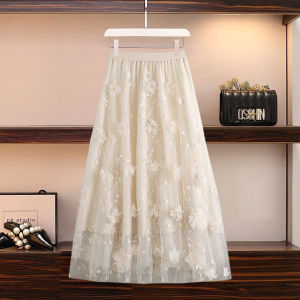 Spring Summer New High Waist Slimming Double Layered Mesh 3D Embroidered Flower Mid-Length Half Skirt Womens Skirt
