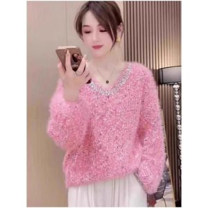 เสื้อสเวตเตอร์ถักนิตติ้งลายจุดหลากสีสันนุ่มสำหรับผู้หญิง เสื้อคลุมแขนยาวแบบสวมหัว ทรงหลวม ความหนาปกติ เสื้อผ้าทำงานฤดูใบไม้ร่วง/ฤดูหนาว