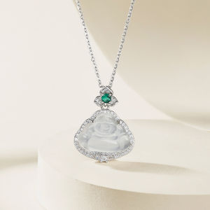 ZHOU LIU FU 周六福 สร้อยคอจี้เงิน S925 Sterling Silver Maitreya Buddha Necklace Natural Chalcedony Pendant Cubic Zircons for Women Girl 40+5CM J0622072