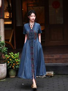 New Summer 2025 Heavy Embroidery Ethnic Style Long Skirt New Chinese Style Fringed Denim Dress A-Line Midi Dress Cotton Rayon