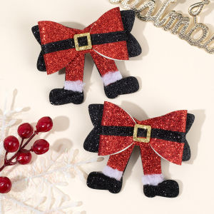 2Pcs Christmas Bow Hair Clips Glitter Santa Pants Hairpins Rhinestones Barrette For Girls Kids Xmas Headdress Hair Accessories