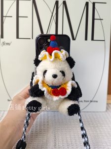 Plush Doll Transformable Small Panda Mobile Phone Strap Crossbody Adjustable Rope Anti-fall Gift for Girlfriend