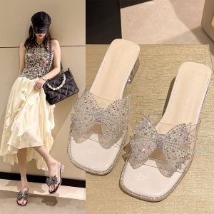 Transparent Water Diamond Butterfly Knot Slippers Womens Outdoor Wear High Heel Sandals Summer New Style Crystal mid Heel