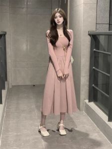 French Style Square Collar Long Sleeve Dress Women Early Autumn Small Size High Sense Elegant Waist Inward Gentle Fairy Long Dress