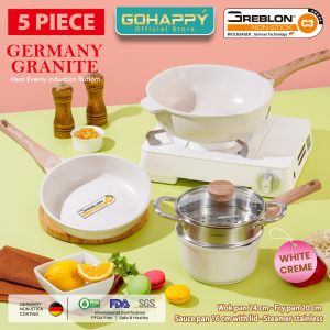 NO.1. PANCI SET GOHAPPY GERMANY GRANITE 5 PC WAJAN set wok sauce pan fry pan asli GREBLON C3
