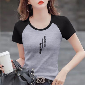 Pure Cotton Shoulder Sleeve T-Shirt Womens Summer New Fashion Korean round Neck Splice Color Block Trendy Top