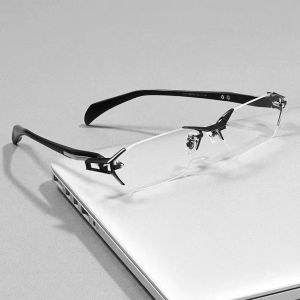 A-G Titanium Glasses Men Trendy Photochromic Blue Light Blocking Rimless Business New Retro Reading Glasses with Graded Lens Anti Radiation Outdoor Anti UV Branded Original Eyewear G797