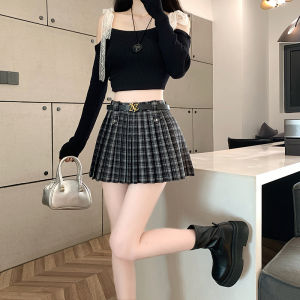 กระโปรงทรงเอผ้าขนสัตว์ลายสก็อตสไตล์ย้อนยุคแบบอเมริกันสำหรับผู้หญิง ฤดูใบไม้ร่วง 2024 กระโปรงสั้นป้องกันแสงสะท้อนแบบใหม่