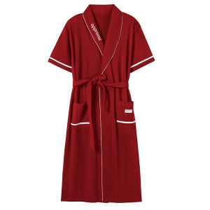 Miiow | Couples Summer Short Sleeve Pure Cotton Robe Womens Red Home Clothes Youth Knitted Cotton Fabric Embroidered Pattern MiiOW