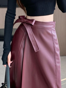 Angora Red Retro PU Leather Skirt Women Fall and Winter Stylish Shoelace Bows High Waist A- line Skirt Bodycon Dress