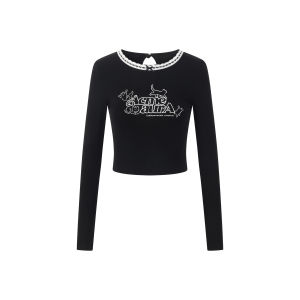 Áo Thun Nữ Cổ Tròn Tay Dài in Họa Tiết Bướm Mèo ACME AURA Phong Cách Retro Ballet Ngắn Gợi Cảm Ngọt Ngào Mùa Thu